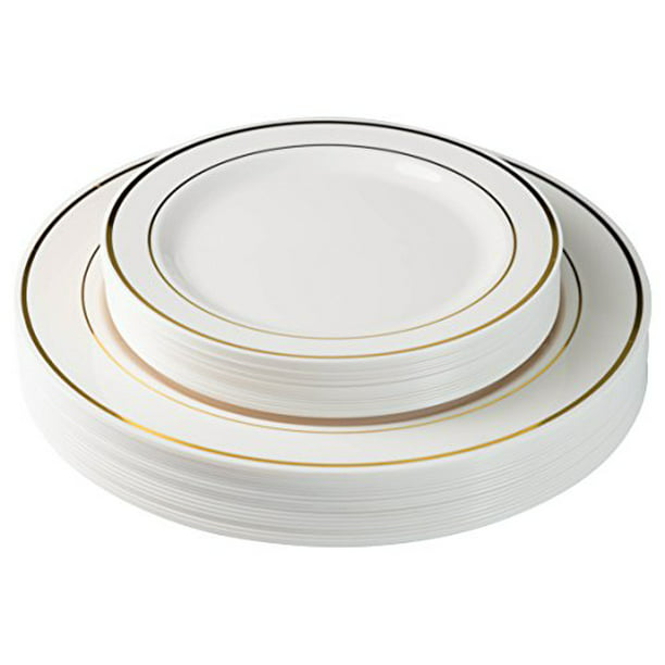 9/" Premium Heavy Duty Plastic Dinner Plates Ivory with gold trim 1 case